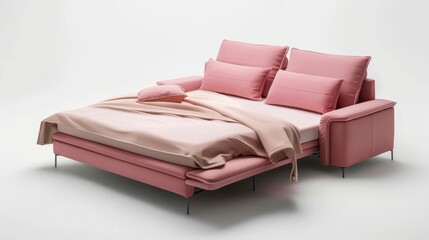Modern minimalist furniture set in pink, featuring a multifunctional sofa bed and sleek surfaces, isolated white background