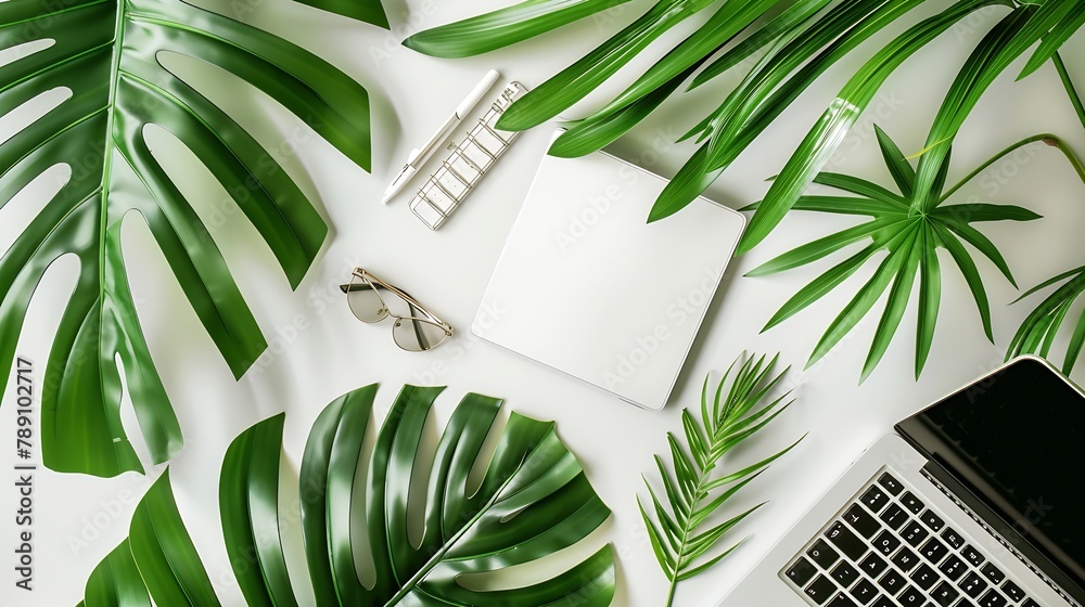 Poster home office workspace with laptop palm leaf and accessories flat lay top view : generative ai