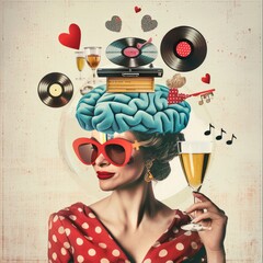 surreal portrait  in  a pop collage style, a woman 1950s vibes, with a red blouse with white polka dots, a blue brain like a hat, retro vinyls, red sunglassess and a  coctail in hand, female creative