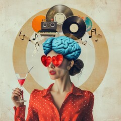 surreal portrait  in  a pop collage style, a woman 1950s vibes, with a red blouse with white polka dots, a blue brain like a hat, retro vinyls, red sunglassess and a  coctail in hand, female creative - 789102727