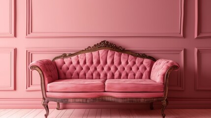 Retro-inspired furniture ensemble in rose tones, featuring a vintage sofa with elegant wooden framing, isolated setting