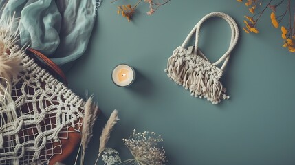 Flat lay aesthetic feminine workspace with macrame handbag candle dried flowers on green background Top view cozy home bohemian woman office desk table Autumn fall concept : Generative AI
