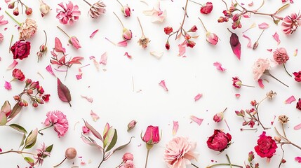 Flowers composition Frame made of pink dried flowers and leaves on white background Top view flat lay copy space : Generative AI