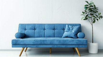 Simple yet elegant blue sofa bed, multifunctional in a minimalist eco space, with modern mid-century touches, isolated background