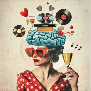 surreal portrait  in  a pop collage style, a woman 1950s vibes, with a red blouse with white polka dots, a blue brain like a hat, retro vinyls, red sunglassess and a  cocktail in hand, female creative