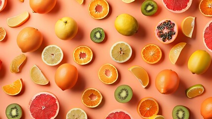 Orange flatlay covered in tropical fruit like lemon kiwi mango ananas passion fruit grapefruit Summer vibes background fresh healthy food : Generative AI