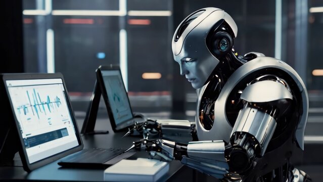an image of a robot working on your computer in a futuristic setting