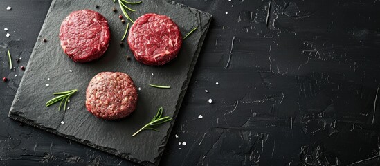 Organic minced beef burger steak served on a slate board, representing healthy food within the context of a cooking blog or culinary classes. Top view with space for text.