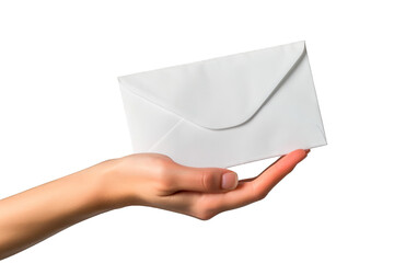 Fototapeta premium Woman's hand palm upward holding a white envelope isolated on a clipped PNG transparent background