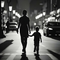 Cinematic image of a working mother and her child navigating through a bustling city street, shadows under the ambient glow of street lamps, surrounded by pedestrians and vehicles.