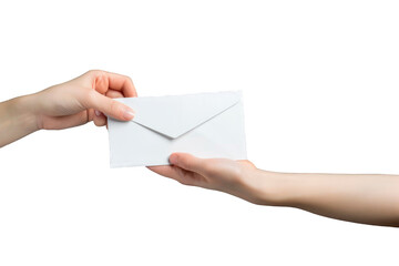 Close-up view of one hand handing an envelope to another hand isolated on a cut out PNG transparent...