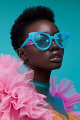 fashion portrait illustration of a afro american black girl close up posing on camera, rainbow colorful light, beautiful big sunglasses
