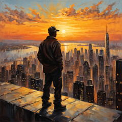 Laborer gazing over an urban skyline atop a towering skyscraper when city lights beginning to twinkle.