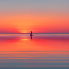 Breathtaking Ocean View Reflecting Sunset Hues with Sailboat Silhouette at Far Distance