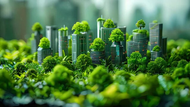 Green environmentally friendly city of the future with many green plants and alternative energy