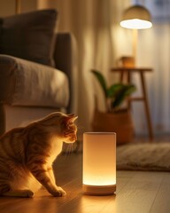 A cozy home setting where a cat interacts with a smart home assistant device, with a focus on the...