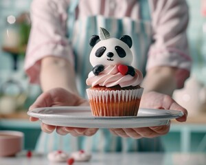 A cozy kitchen setting where a panda chef presents a tray of freshly baked cupcakes, with a focus...