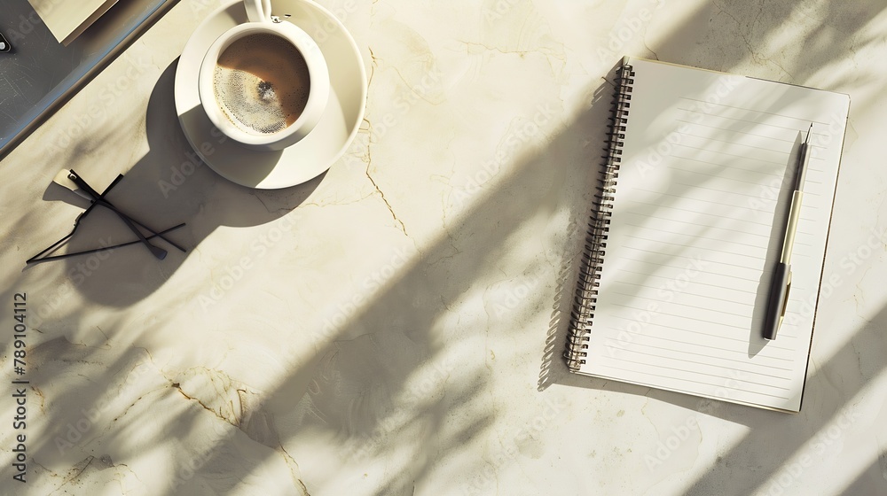 Aufkleber Top view business office desk with blank notepad office supplies and coffee Flat lay workspace with sunny light and copy space : Generative AI