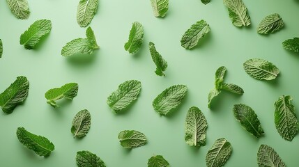Flat lay composition with fresh mint leaves on color background : Generative AI