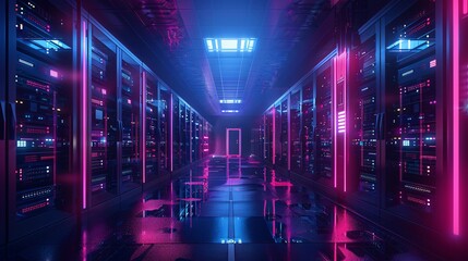 A dark and mysterious data center with pink and blue neon lights illuminating the room. - obrazy, fototapety, plakaty
