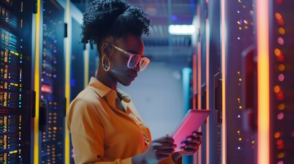 Female Internet technician with tablet in data center focuses on analyzing and improving data security systems, ensuring they work optimally in the changing Internet environment.