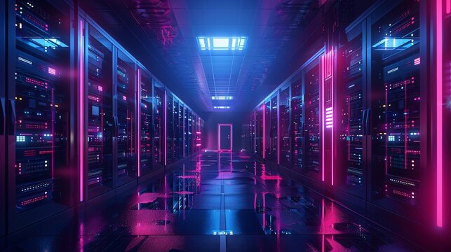 A dark and mysterious data center with pink and blue neon lights illuminating the room.