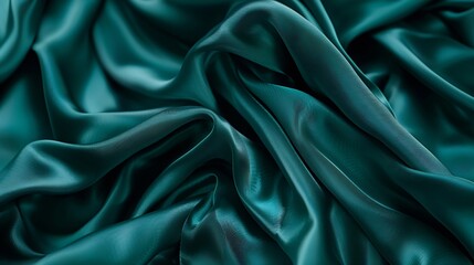 Dark teal green silk satin Shiny smooth fabric Soft folds Luxury background with space for design...
