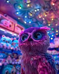 A magical toy store scene at night where plushies come to life under a ceiling painted like a starry sky, focusing on a plush owl with wide, sparkling eyes reflecting the stars above, depicted in brig