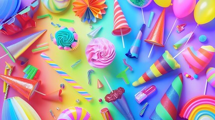 Overhead background collection of colorful birthday party objects in rainbow colors : Generative AI - obrazy, fototapety, plakaty