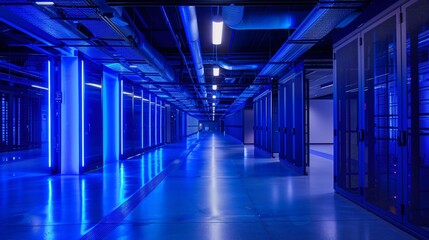 Fototapeta premium A long, blue-lit hallway with servers on both sides, futuristic neon light.