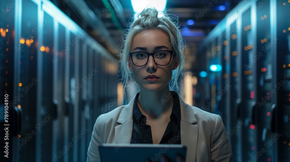 Poster A female analyst uses advanced data processing techniques to identify and analyze potential security threats in the data center.