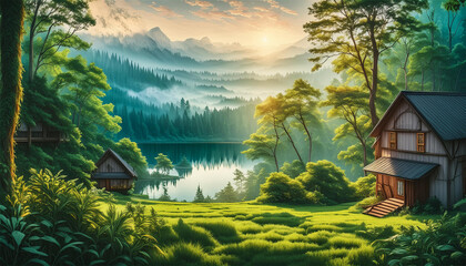 landscape with a wooden house on the bank of a mountain lake.