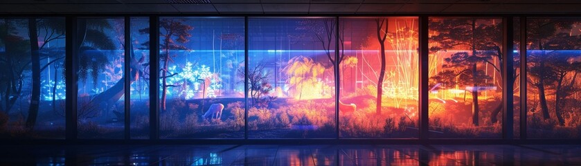 Mystic frostfire lights up a vibrant wildlife scene outside a large window, viewed from an old heritage lecture hall now used for network business seminars,  - obrazy, fototapety, plakaty