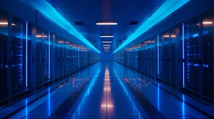 A long, blue, futuristic, sci-fi, data center hallway with glowing blue lights and servers on both sides.