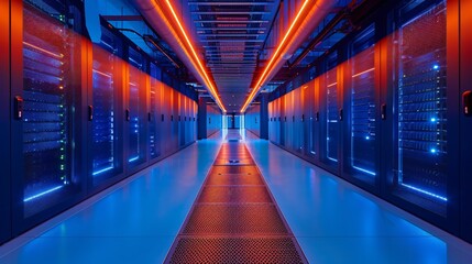 Fototapeta premium A long, brightly lit hallway with blue and orange lights on the walls.