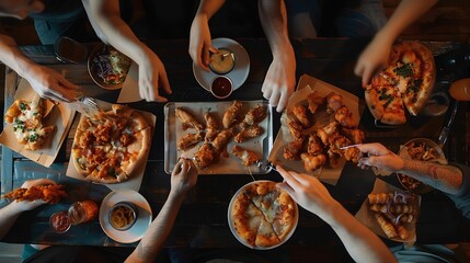 Friends eating pizza chicken wings and other fast food at black wooden table top view : Generative...