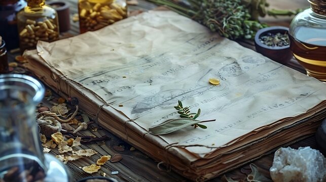 Old magic book and dry natural herbs and remedy bottle on the wooden table flat lay background with copy space : Generative AI