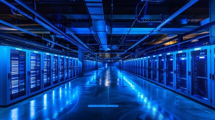 A professional blue-lit data center hallway with rows of server racks on either side.