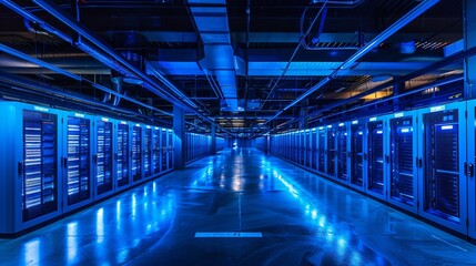 Obraz premium A professional blue-lit data center hallway with rows of server racks on either side.