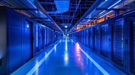 A trusted data center with rows of server racks on either side