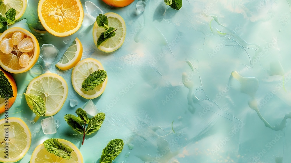 Aufkleber Citrus slices and mint herbs frame on retro mint pastel background with copyspace from above Top view of lemon and orange refreshment Summer fruit smoothie minimal banner design : Generative AI