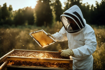 honey Beekeeper collecting healthy apiculture apiarist man nature people keeper hive colony apiary production bee farm insect occupation collect