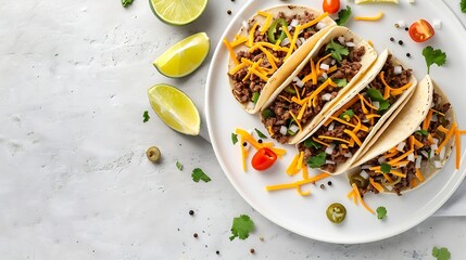 Ground Beef Tacos with shredded cheddar cheese fresh lettuce tomato onion on a white plate with lime wedges horizontal view from above mexican cuisine flat lay free space : Generative AI
