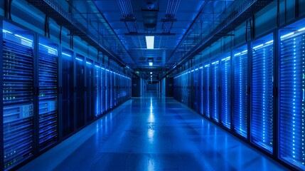 A professional data center with rows of server racks on either side in blue tone.