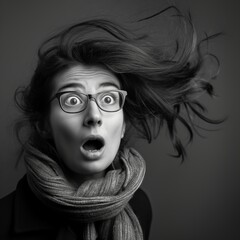 Monochrome portrait of a woman with windswept hair and a surprised expression, wearing glasses and a scarf.