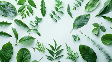 Creative layout made of green leaves Flat lay Nature concept : Generative AI