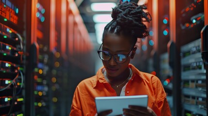A technician uses a tablet to improve the processes of analyzing and verifying the effectiveness of data protection measures in the data center. A woman of African-American appearance.