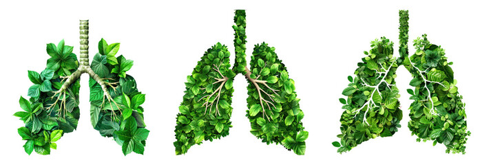 design of Lungs made out of green leaves, vibrant green, isolated on a white background , png  - obrazy, fototapety, plakaty
