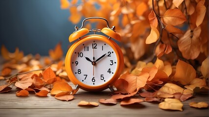 Time Change for Daylight Savings. A wooden table with an alarm clock and orange-colored leaves. Fall. Time changes for fall. As winter draws near and autumn leaves turn to fall, the idea of Daylight S