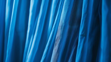Closeup view of bright blue curtain in thin and thick vertical folds made of dense fabric Textured abstract backgrounds and wallpapers Materials and textiles : Generative AI